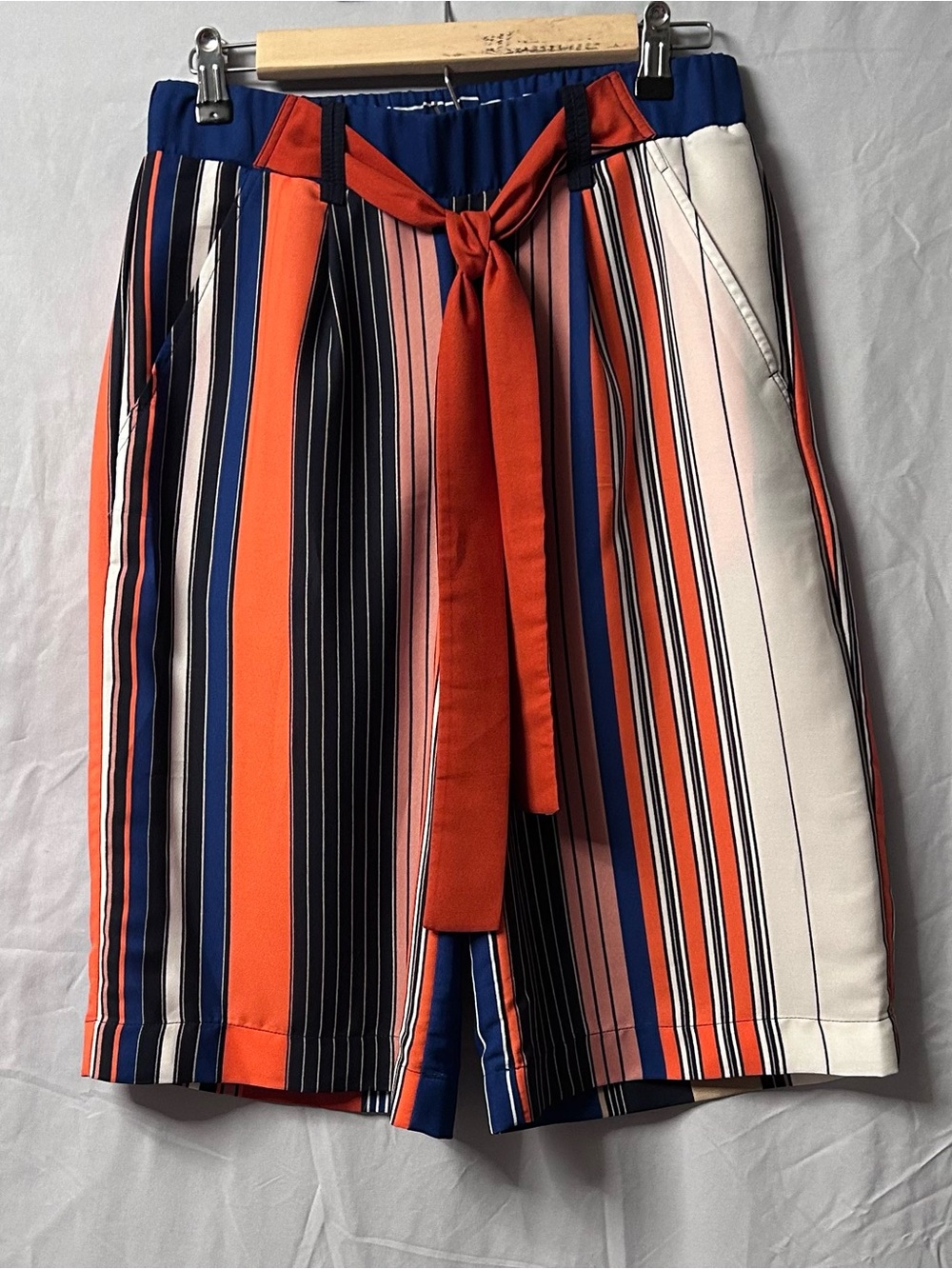 JohnPaulRichard Orange Navy Cream Striped Tie-Waist Bermudas with Belt
